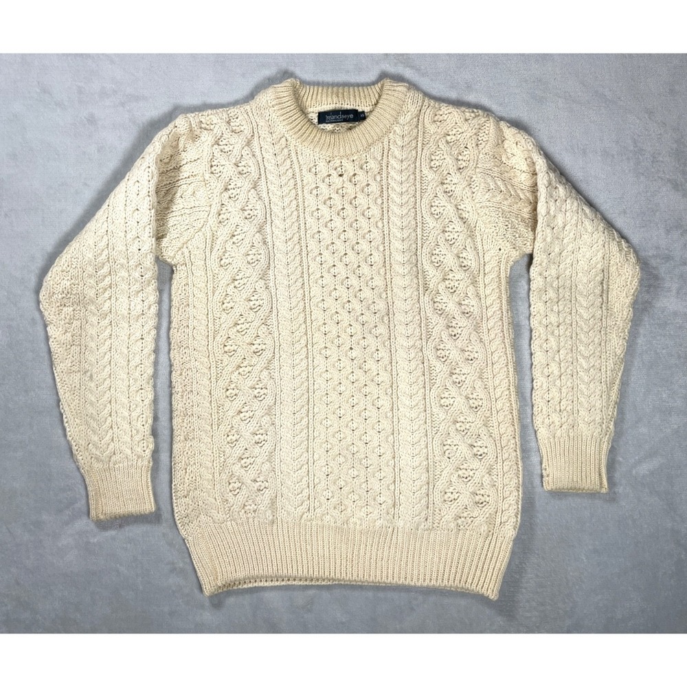 IrelandsEye Aran Cable Knit Sweater Women XS Beige Wool Fisherman Ireland